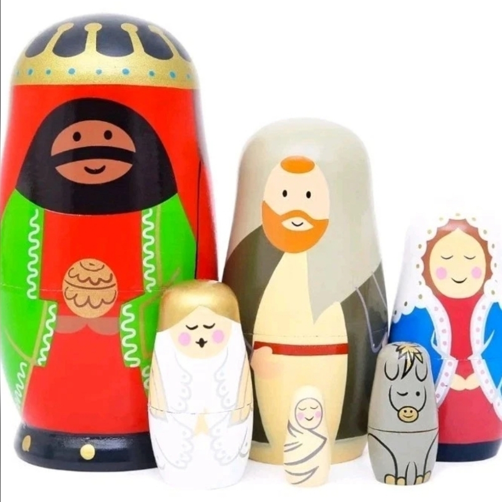 Moonmo Set Of Six Matryoshka Wooden Nesting Doll Holy Family Holiday NWOT